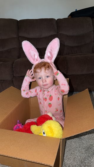 All-Star Lydia sitting in a cardboard box wearing pink bunny ears on her head.