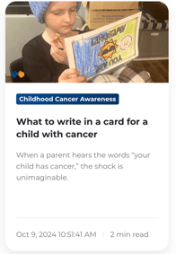 What to write in a card for a child with cancer blog screenshot on pinkyswear.org
