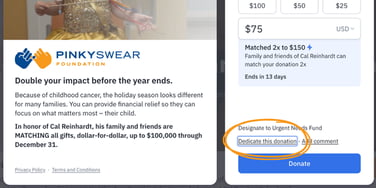 A Pinky Swear donation form that includes space to dedicate the donation to a loved one on pinkyswear.org.