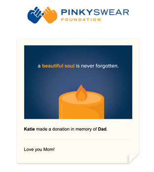 Tribute email received by someone who had a donation made to Pinky Swear Foundation in memory of someone they love.