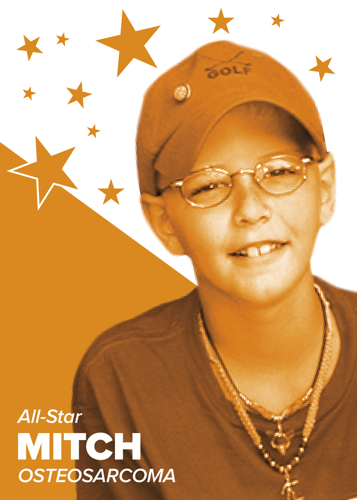 A baseball looking card for a boy named Mitch, whose pinky promise with his dad before he passed away from bone cancer was the start of Pinky Swear Foundation.