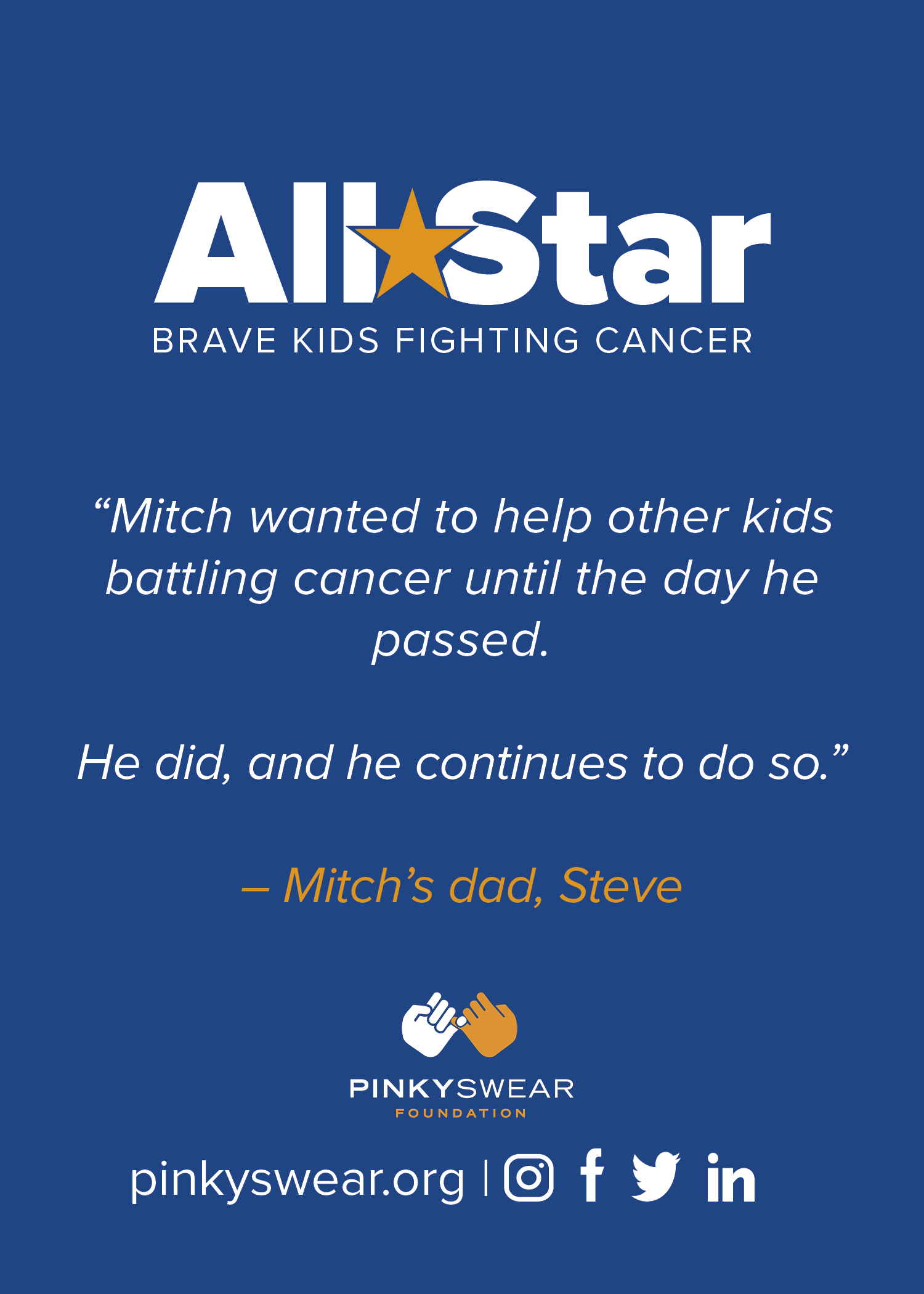 A baseball looking card for a boy named Mitch, whose pinky promise with his dad before he passed away from bone cancer was the start of Pinky Swear Foundation.