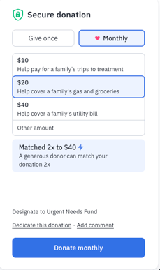 A screenshot of the monthly giving option to Pinky Swear to help kids with cancer and their families. $20 helps cover a family's gas and groceries, $40 helps cover a family's utility bill.