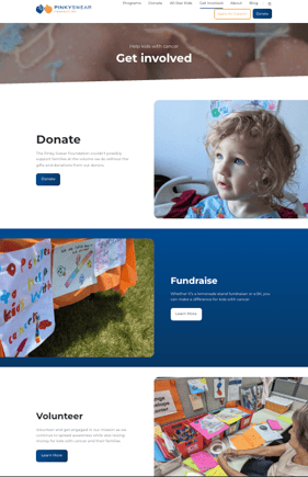 A screenshot of the "Get Involved" page on pinkyswear.org that features donate, fundraise, and volunteer opportunities to help kids with cancer and their families.