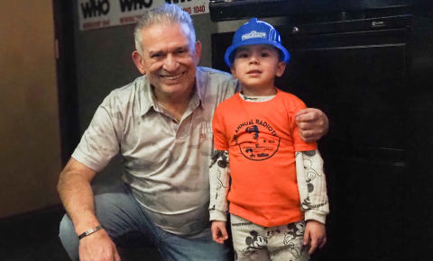 Simon Conway and a little boy who faced cancer.