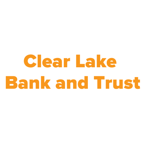 Clear Lake Bank and Trust written in orange letters