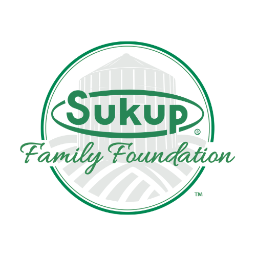 Sukup Family Foundation logo with words in green and a grain bin in grey in the background