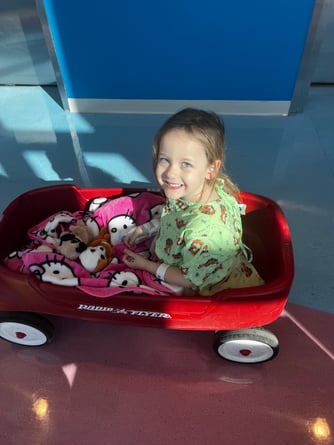 All-Star Scarlett in a wagon in the hospital during her cancer treatment.
