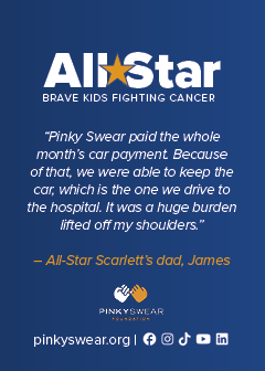 The back of Scarlett's all-star card for Pinky Swear features a quote about how the financial support helped her family.