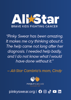 The back of Cambria's all-star card for Pinky Swear featuring a quote about how the financial support helped her family.