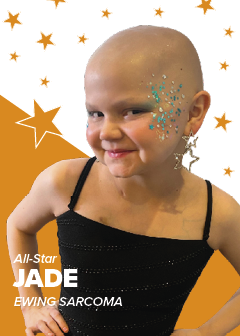 The front of an All-Star card featuring Jade, along with her diagnosis of Ewing Sarcoma. A feature for Pinky Swear Foundation
