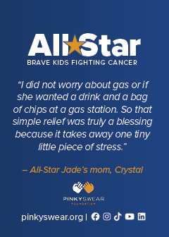 The back of Jade's all-star card for Pinky Swear features a quote about how the financial support helped her family.