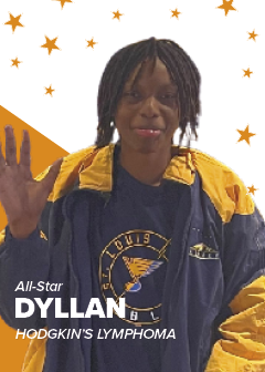 The front of a boy named Dyllan's All-Star card with his name and cancer diagnosis on the front for being featured by Pinky Swear Foundation.