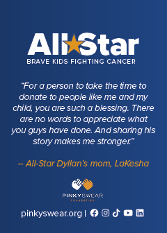 The back of Dyllan's all-star card for Pinky Swear features a quote about how the financial support helped her family.