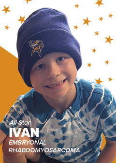 The front of a Pinky Swear All-Star card with a boy named Ivan's photo, name, and cancer diagnosis to tell his story.
