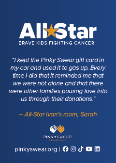 The back of Ivan's all-star card for Pinky Swear features a quote about how the financial support helped her family.