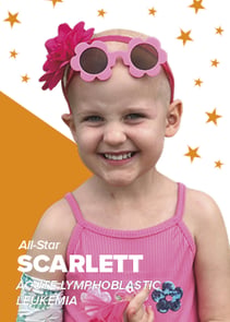 The front of a Pinky Swear All-Star card that features a little girl named Scarlett. Her name and acute lymphoblastic leukemia diagnosis are included to tell her story.