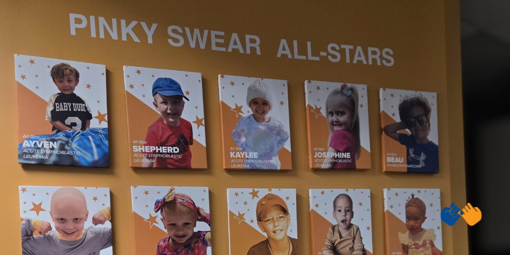The Pinky Swear all-star wall at the office showcasing the stories of kids with cancer that are shared each year.
