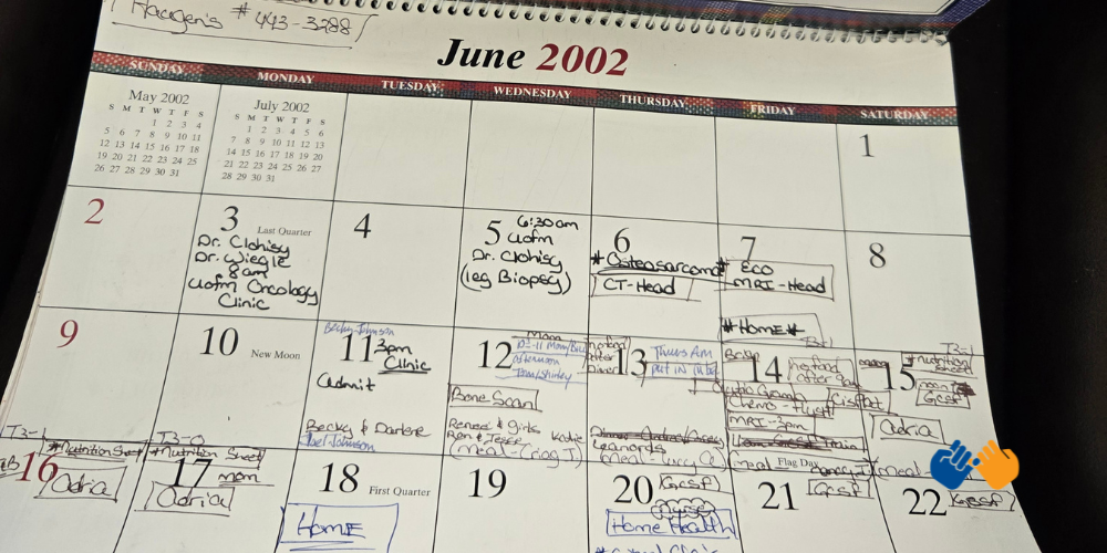A photo of a treatment and diagnosis calendar of Mitch, a boy who passed away from Osteosarcoma, whose family started Pinky Swear Foundation to financially support kids with cancer.