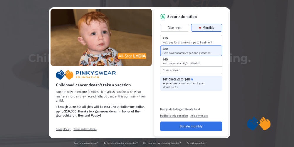 Blog featured image of a donation form on pinkyswear.org for the blog:
