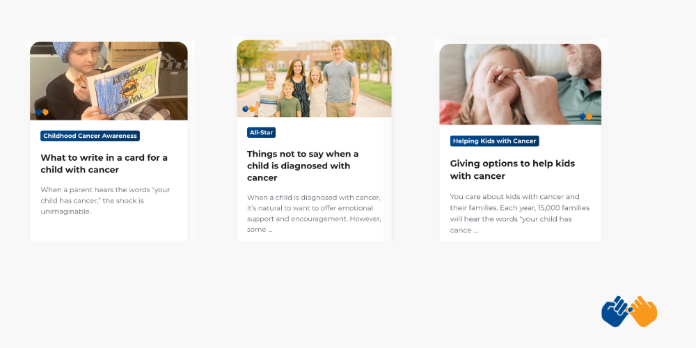 Screenshots of the three top blogs of 2025 on the Childhood Cancer Blog on pinkyswear.org